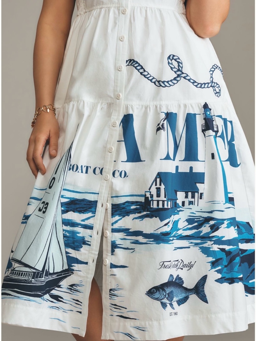 Maeve White & Navy Nautical Button-Front Midi Dress - Picture 2 of 13